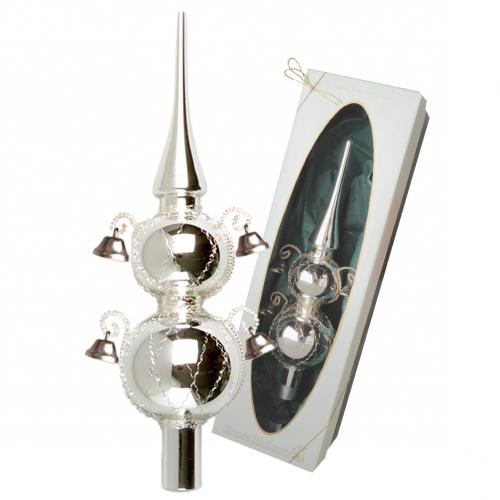 Silber glanz 29cm Doppelspitze umsponnen mit 4 Glöckchen, Glasornament, mundgeblasen und handdekoriert