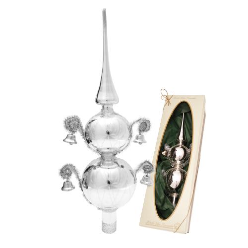 Silber glanz 33cm Doppelspitze umsponnen mit 4 Glckchen, Glasornament, mundgeblasen und handdekoriert