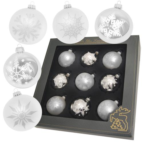 Silber/Satin-Silber 8cm Glaskugelsortiment, 9-fach