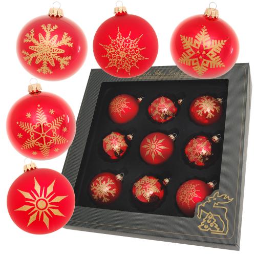 Rot/Satin-Rot 8cm Glaskugelsortiment, 9-fach