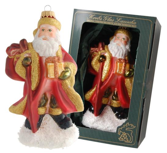 Multicolor 16cm Groer Weihnachtsmann mit Stock und Geschenk, Glasornament, mundgeblasen, handdekoriert (1)