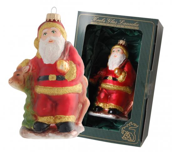 Weihnachtsmann mit Rentier 12cm, Glasornament, mundgeblasen, handbemalt (1)