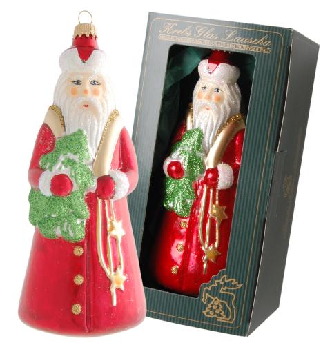 Rot/Grn 15cm Santa mit Baum, Glasornament, mundgeblasen, handbemalt