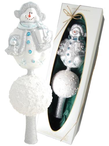 Eiswei 28cm Baumspitze Schneemann auf Schneekugel, Glasornament, mundgeblasen und handdekoriert