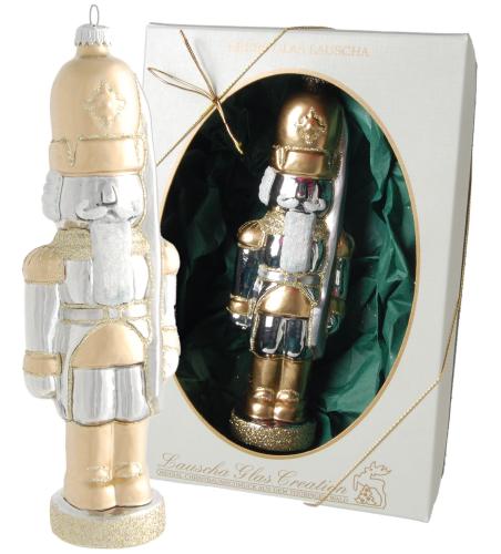 Gold /Silber 18cm Bayrischer Nussknacker, Glasornament, mundgeblasen, handdekoriert (1)