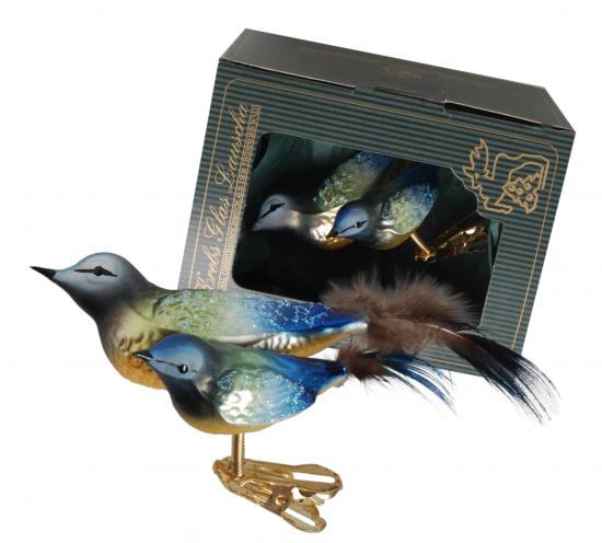 Natürlich dekorierte 9cm Doppelvögel aus Glas - Meisen - auf Clip mit 5 und 6cm Federschwanz mundgeblasen und aufwendig handdekoriert