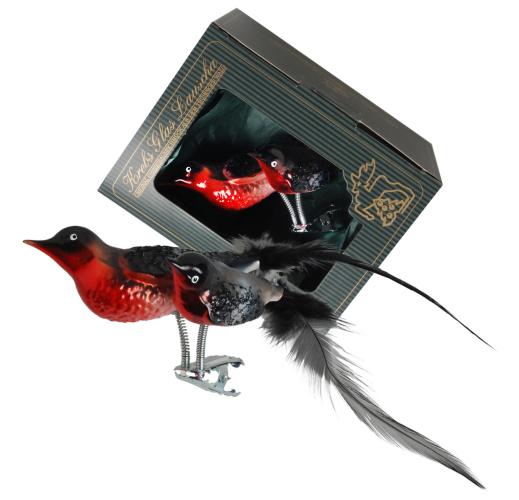 Natürlich dekorierte 9cm Doppelvögel aus Glas - Dompfaff - auf Clip mit 5 und 6cm Federschwanz mundgeblasen und aufwendig handdekoriert