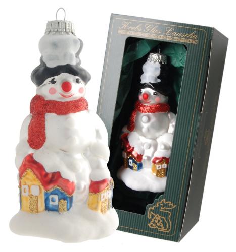 Wei/Rot 12cm Schneemann mit rotem Schal, Glasornament, mundgeblasen, handbemalt