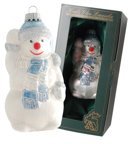 Wei/Blau 11cm Schneemann mit blauen Schal und Mtze, Glasornament, mundgeblasen, handbemalt