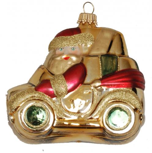 Rot / Gold 9cm Weihnachtsmann in seinem Auto, Glassornament, mundgeblasen, handdekoriert (1)