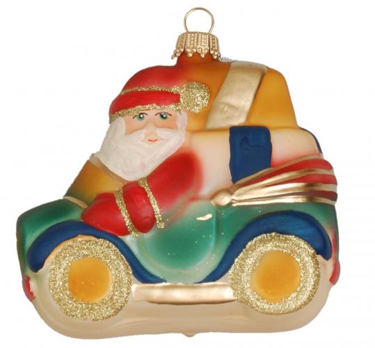 Multicolor matt 9cm Weihnachtsmann in seinem Auto, Glassornament, mundgeblasen, handdekoriert (1)