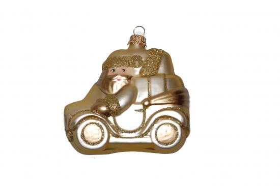 Gold 9cm Weihnachtsmann in seinem Auto, mundgeblasenes Glas, handdekoriert (1)