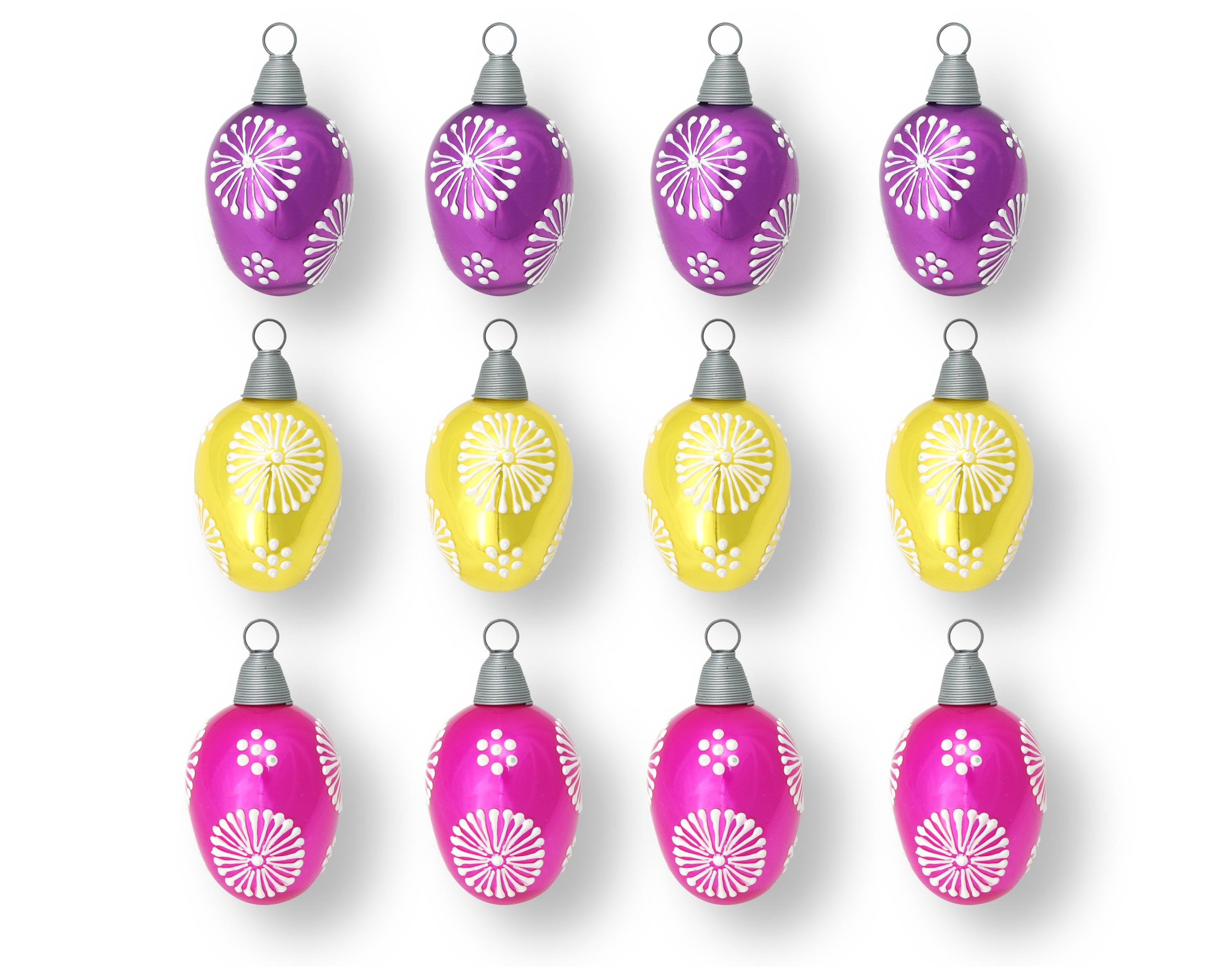 Ostereier 12 Stück, lila gelb handbemalt weißem mundgeblasenes Dekor, Glas, 6cm, (12) pink mit und